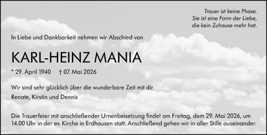 Traueranzeige von Karl-Heinz Mania von Hinterländer Anzeiger