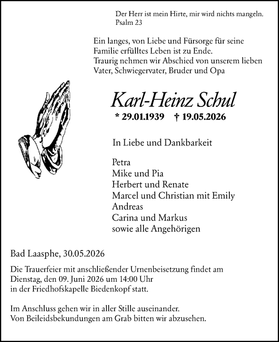 Traueranzeige von Karl-Heinz Schul von Hinterländer Anzeiger