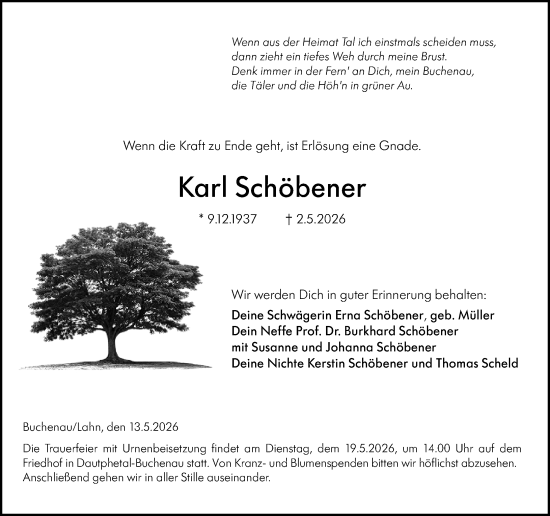 Traueranzeige von Karl Schöbener von Hinterländer Anzeiger