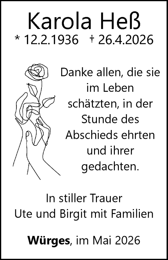 Traueranzeige von Karola Heß von Camberger Anzeiger