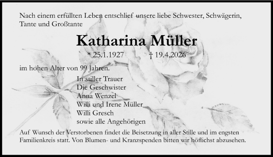 Traueranzeige von Katharina Müller von Allgemeine Zeitung Rheinhessen-Nahe