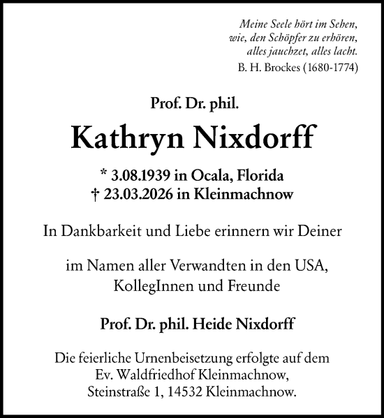 Traueranzeige von Kathryn Nixdorff von Darmstädter Echo