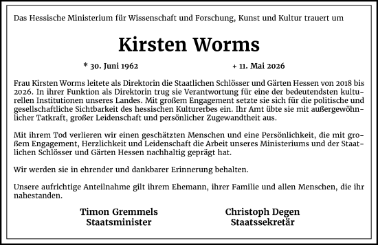 Traueranzeige von Kirsten Worms von Wiesbadener Kurier
