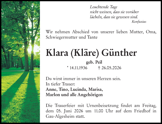 Traueranzeige von Klara Günther von Allgemeine Zeitung Rheinhessen-Nahe