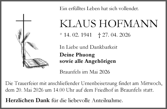 Traueranzeige von Klaus Hofmann von Wetzlarer Neue Zeitung