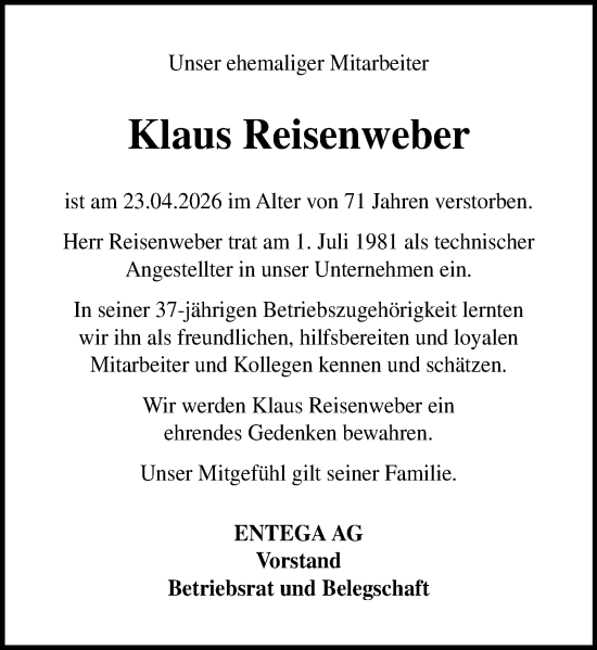 Traueranzeige von Klaus Reisenweber von Odenwälder Echo