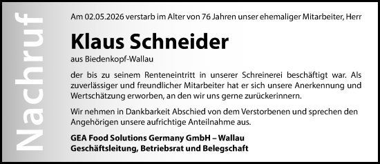 Traueranzeige von Klaus Schneider von Hinterländer Anzeiger