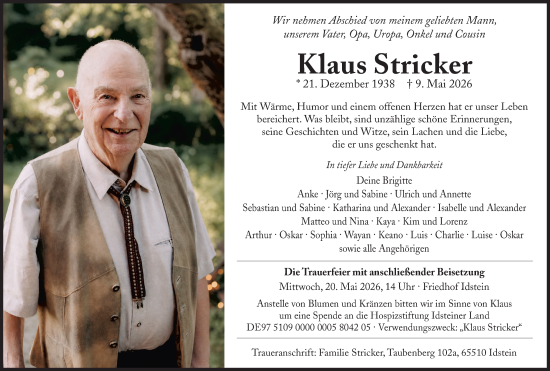 Traueranzeige von Klaus Stricker von Idsteiner Land/Untertaunus