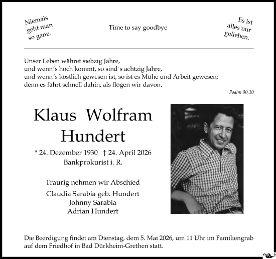 Traueranzeige von Klaus Wolfram Hundert von Allgemeine Zeitung Mainz