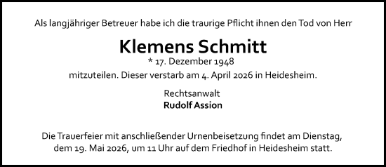 Traueranzeige von Klemens Schmitt von Allgemeine Zeitung Mainz