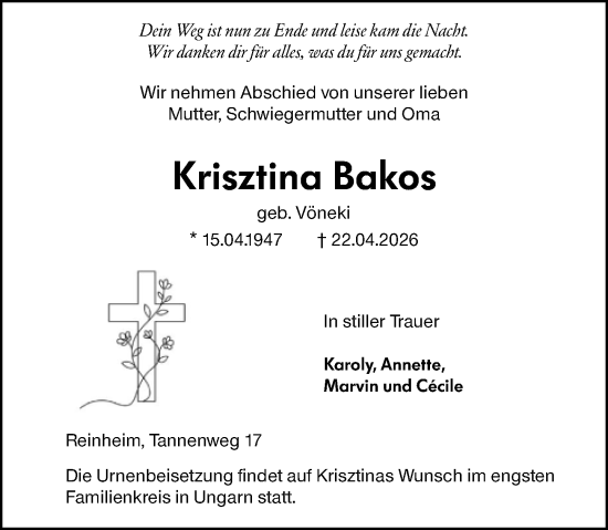 Traueranzeige von Krisztina Bakos von Darmstädter Echo