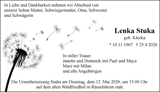 Traueranzeige von Lenka Stuka von Rüsselsheimer Echo