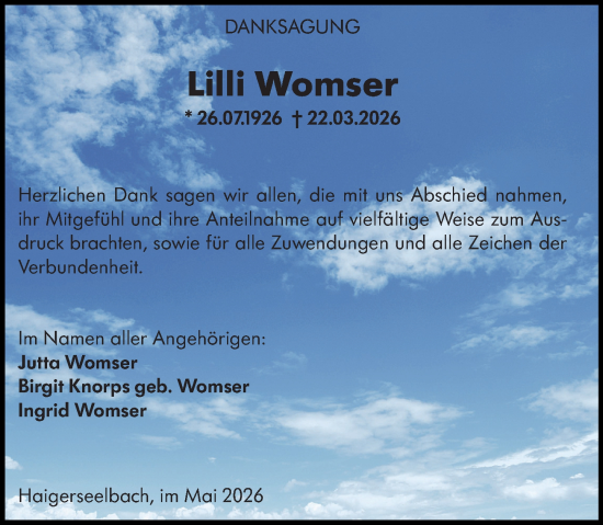 Traueranzeige von Lilli Womser von Dill Block