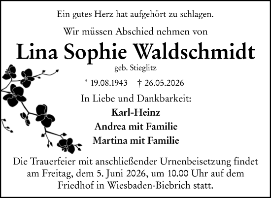 Traueranzeige von Lina Sophie Waldschmidt von Wiesbadener Kurier