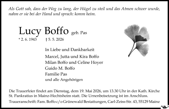 Traueranzeige von Lucy Boffo von Allgemeine Zeitung Mainz