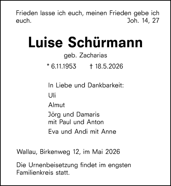 Traueranzeige von Luise Schürmann von Hinterländer Anzeiger