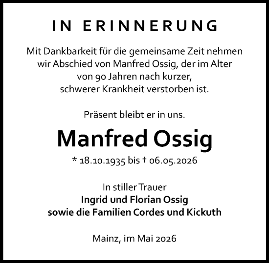 Traueranzeige von Manfred Ossig von Allgemeine Zeitung Mainz