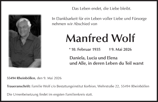 Traueranzeige von Manfred Wolf von Wiesbadener Kurier
