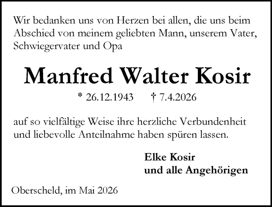Traueranzeige von Manfred Walter Kosir von Dill Block