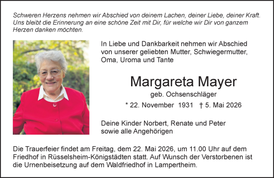 Traueranzeige von Margareta Mayer von Rüsselsheimer Echo