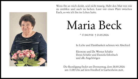 Traueranzeige von Maria Beck von Wetzlarer Neue Zeitung