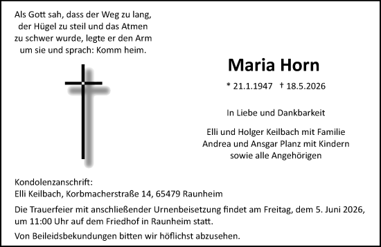 Traueranzeige von Maria Horn von Rüsselsheimer Echo