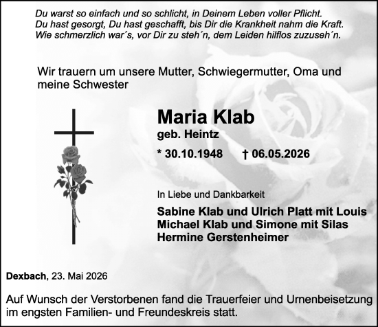 Traueranzeige von Maria Klab von Hinterländer Anzeiger