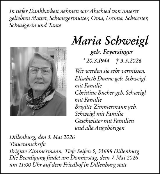 Traueranzeige von Maria Schweigl von Dill Block