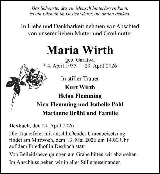 Traueranzeige von Maria Wirth von Hinterländer Anzeiger