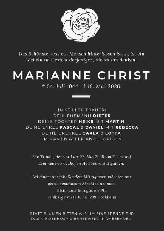 Traueranzeige von Marianne Christ von Hochheimer Zeitung