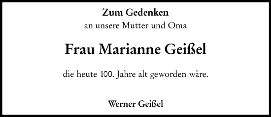 Traueranzeige von Marianne Geißel von Allgemeine Zeitung Alzey