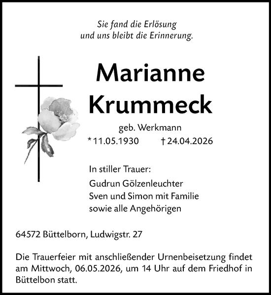 Traueranzeige von Marianne Krummeck von Groß-Gerauer Echo