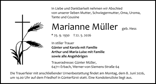 Traueranzeige von Marianne Müller von Odenwälder Echo