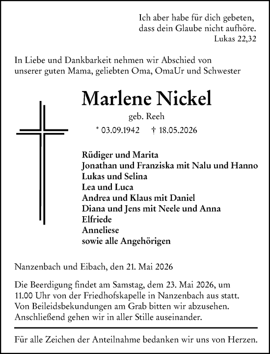 Traueranzeige von Marlene Nickel von Dill Block
