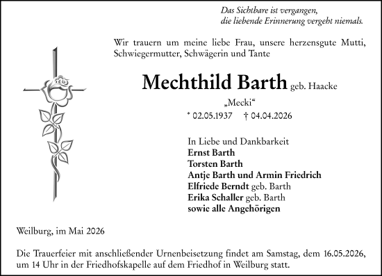 Traueranzeige von Mechthild Barth von Weilburger Tageblatt