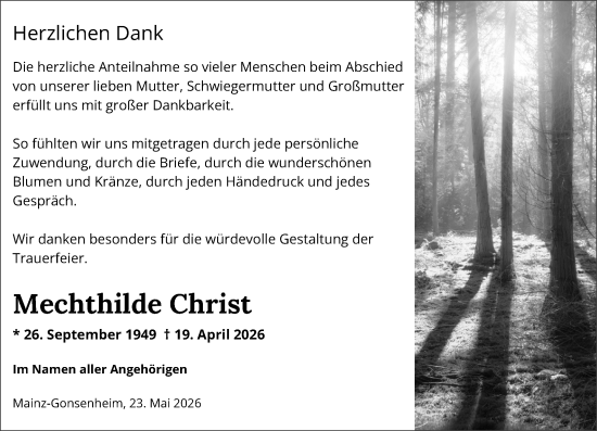 Traueranzeige von Mechthilde Christ von Allgemeine Zeitung Mainz