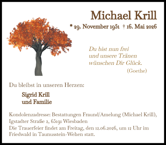 Traueranzeige von Michael Krill von Wiesbadener Kurier