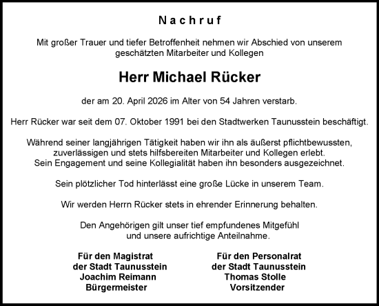 Traueranzeige von Michael Rücker von Rheingau-Taunus-Kreis Wochenblatt