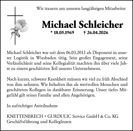 Traueranzeige von Michael Schleicher von Wiesbadener Kurier