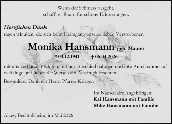 Traueranzeige von Monika Hansmann von Allgemeine Zeitung Alzey