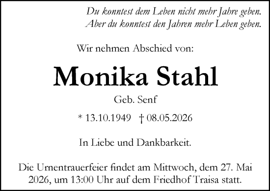 Traueranzeige von Monika Stahl von Darmstädter Echo
