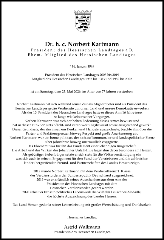 Traueranzeige von Norbert Kartmann von Wiesbadener Kurier