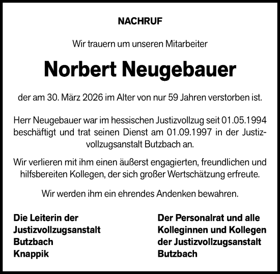 Traueranzeige von Norbert Neugebauer von Wetzlarer Neue Zeitung