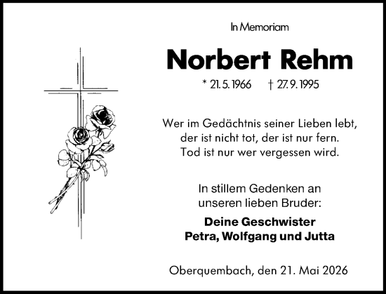 Traueranzeige von Norbert Rehm von Wetzlarer Neue Zeitung