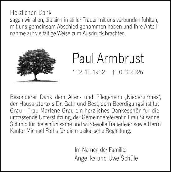 Traueranzeige von Paul Armbrust von Wetzlarer Neue Zeitung