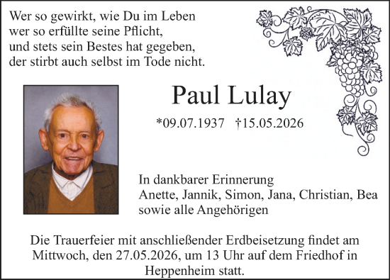 Traueranzeige von Paul Lulay von Starkenburger Echo