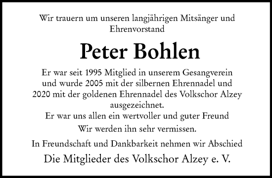 Traueranzeige von Peter Bohlen von Allgemeine Zeitung Alzey