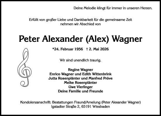 Traueranzeige von Peter Alexander Wagner von Wiesbadener Kurier