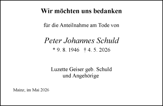 Traueranzeige von Peter Johannes Schuld von Allgemeine Zeitung Mainz