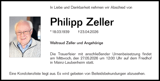 Traueranzeige von Philipp Zeller von Allgemeine Zeitung Mainz